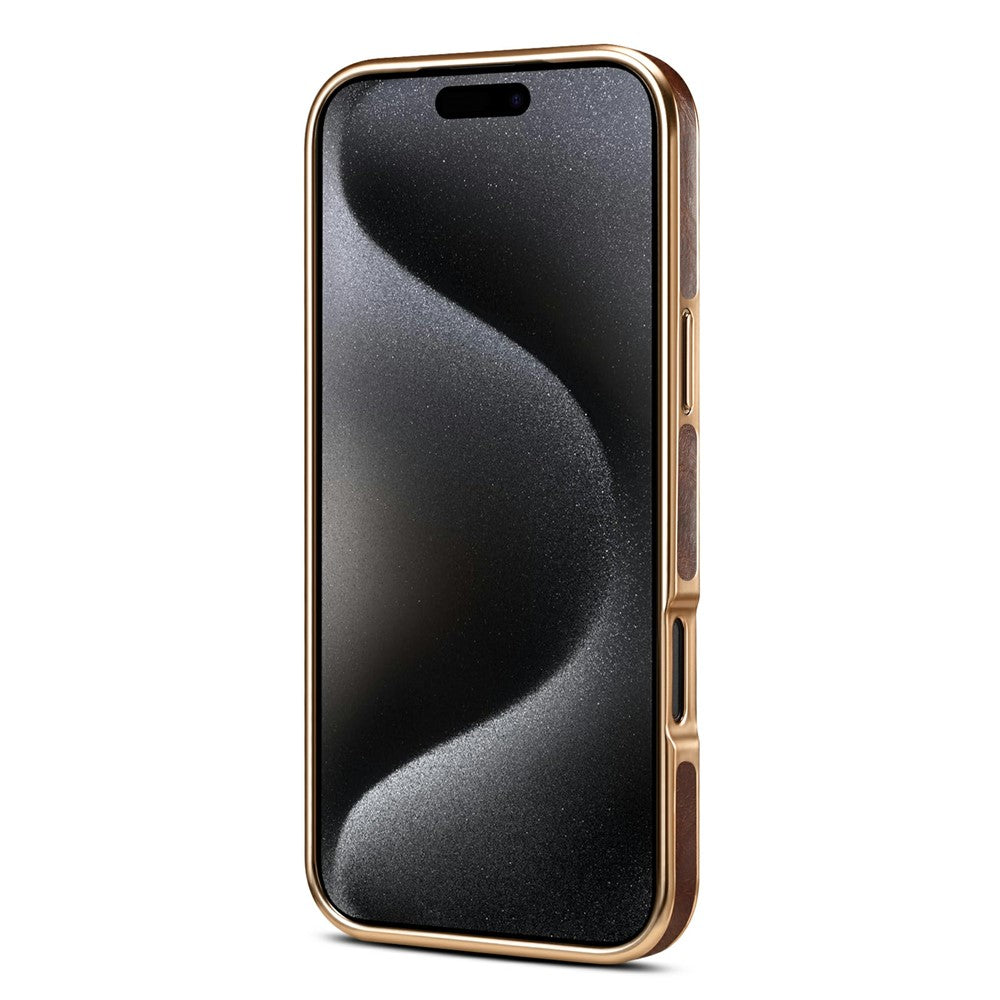 DENIOR A01 For iPhone 17 Pro Max Case Waxy Texture Genuine Cow Leather Electroplating Back Cover - Brown