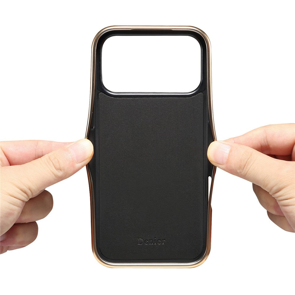 DENIOR A01 For iPhone 17 Pro Max Case Waxy Texture Genuine Cow Leather Electroplating Back Cover - Brown