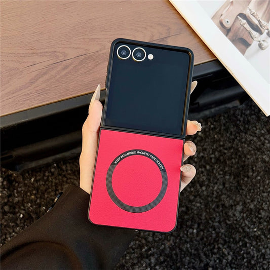For Samsung Galaxy Z Flip7 5G Case Anti-Drop PU Leather + PC Cover Compatible with MagSafe - Red