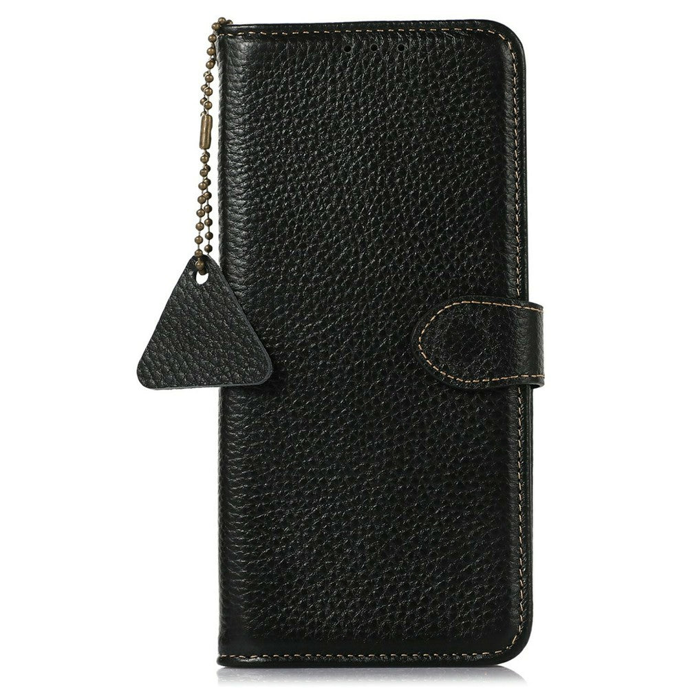 For iPhone 17 Pro Max Case RFID Blocking Genuine Cow Leather Phone Cover Litchi Texture - Black