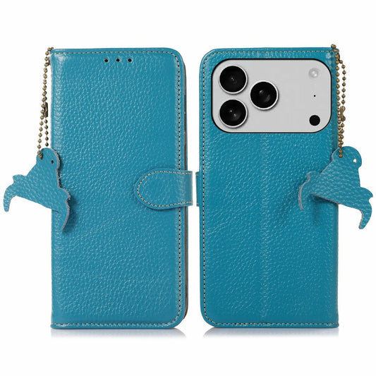 For iPhone 17 Pro Max Case RFID Blocking Genuine Cow Leather Phone Cover Litchi Texture - Blue