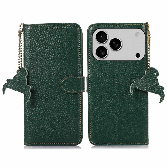 For iPhone 17 Pro Max Case RFID Blocking Genuine Cow Leather Phone Cover Litchi Texture - Green
