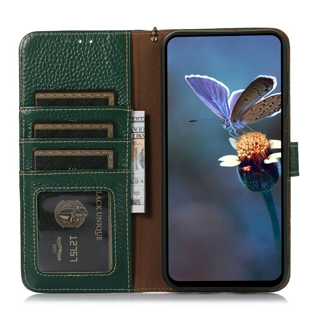 For iPhone 17 Pro Max Case RFID Blocking Genuine Cow Leather Phone Cover Litchi Texture - Green