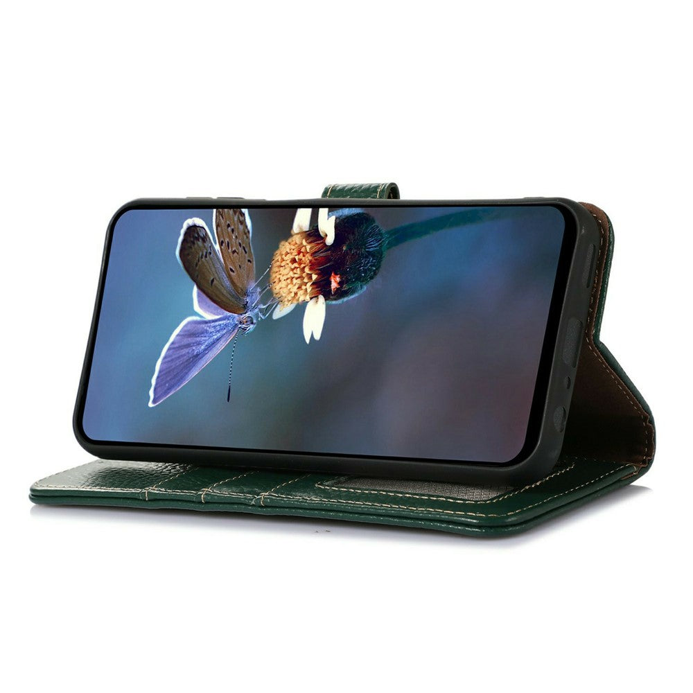 For iPhone 17 Pro Max Case RFID Blocking Genuine Cow Leather Phone Cover Litchi Texture - Green