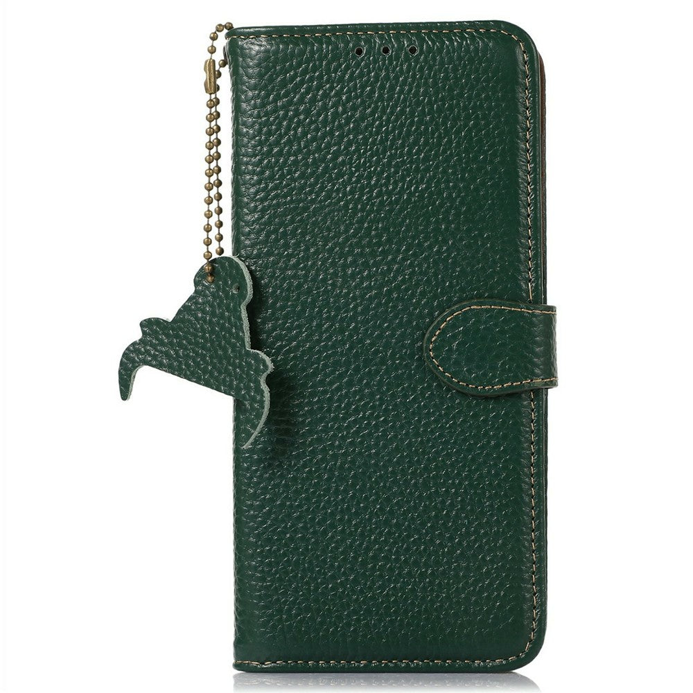 For iPhone 17 Pro Max Case RFID Blocking Genuine Cow Leather Phone Cover Litchi Texture - Green