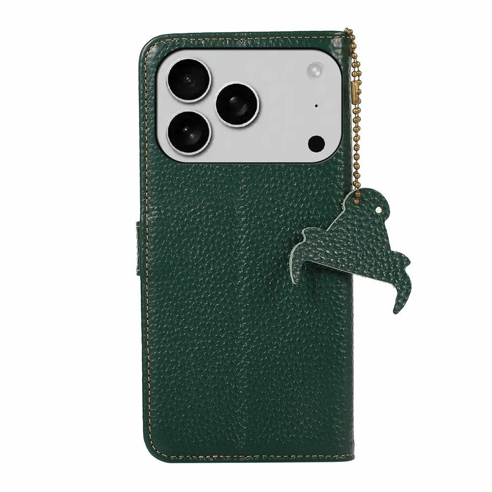 For iPhone 17 Pro Max Case RFID Blocking Genuine Cow Leather Phone Cover Litchi Texture - Green