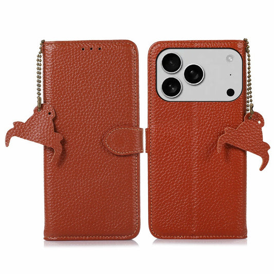 For iPhone 17 Pro Max Case RFID Blocking Genuine Cow Leather Phone Cover Litchi Texture - Brown