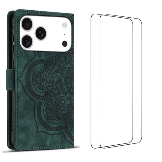 For iPhone 17 Pro Max Case with 2Pcs Tempered Glass WANLONFENG MTL Series Mandala Leather Phone Cover - Midnight Green