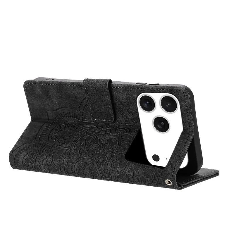 For iPhone 17 Pro Max Case with 2Pcs Tempered Glass WANLONFENG MTL Series Mandala Leather Phone Cover - Black