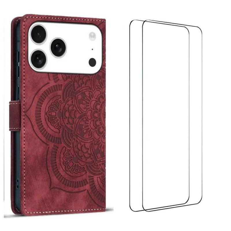 For iPhone 17 Pro Max Case with 2Pcs Tempered Glass WANLONFENG MTL Series Mandala Leather Phone Cover - Red