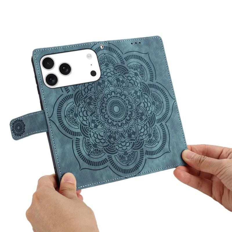 For iPhone 17 Pro Max Case with 2Pcs Tempered Glass WANLONFENG MTL Series Mandala Leather Phone Cover - Blue