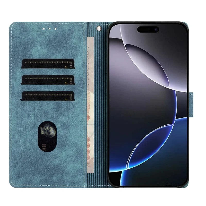 For iPhone 17 Pro Max Case with 2Pcs Tempered Glass WANLONFENG MTL Series Mandala Leather Phone Cover - Blue