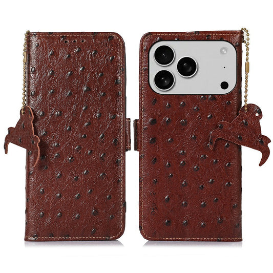 For iPhone 17 Pro Max Case RFID Blocking Genuine Cow Leather Phone Case Ostrich Texture - Coffee