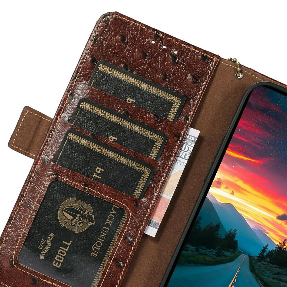 For iPhone 17 Pro Max Case RFID Blocking Genuine Cow Leather Phone Case Ostrich Texture - Coffee