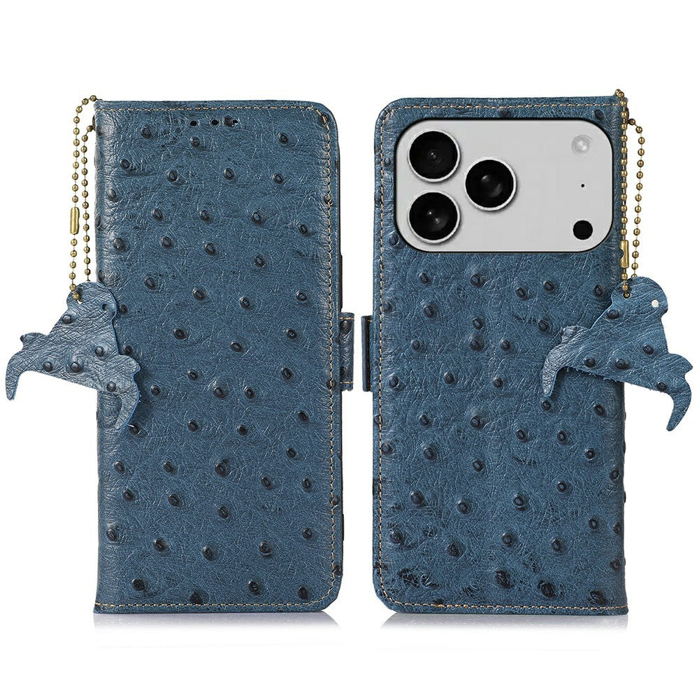 For iPhone 17 Pro Max Case RFID Blocking Genuine Cow Leather Phone Case Ostrich Texture - Blue