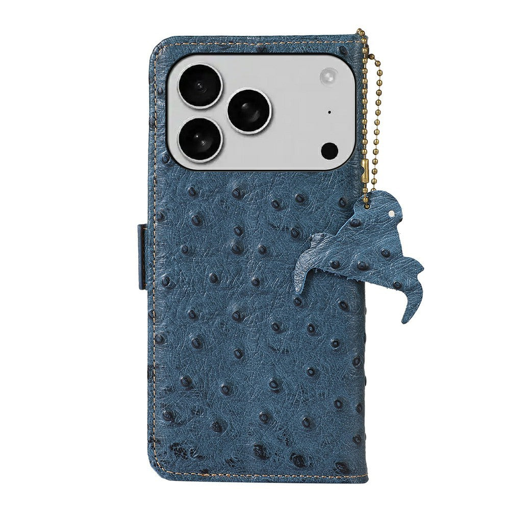 For iPhone 17 Pro Max Case RFID Blocking Genuine Cow Leather Phone Case Ostrich Texture - Blue