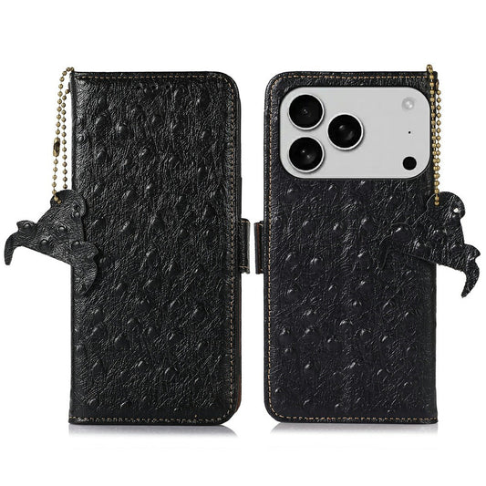 For iPhone 17 Pro Max Case RFID Blocking Genuine Cow Leather Phone Case Ostrich Texture - Black
