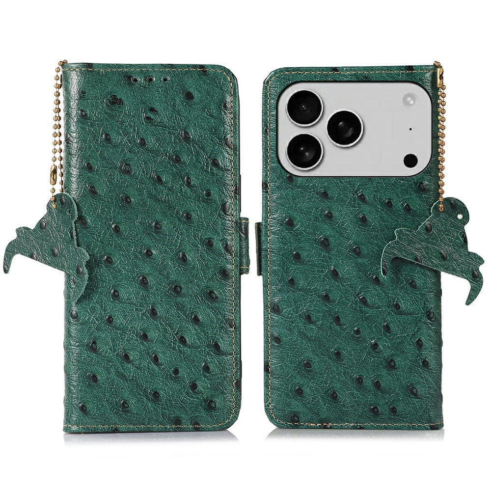 For iPhone 17 Pro Max Case RFID Blocking Genuine Cow Leather Phone Case Ostrich Texture - Green