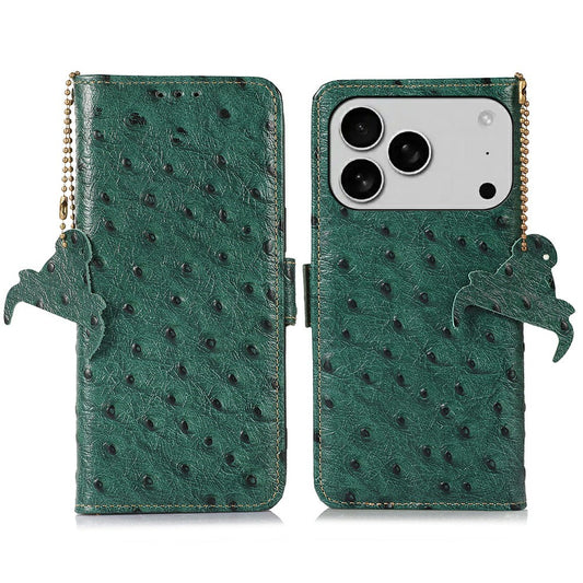 For iPhone 17 Pro Max Case RFID Blocking Genuine Cow Leather Phone Case Ostrich Texture - Green