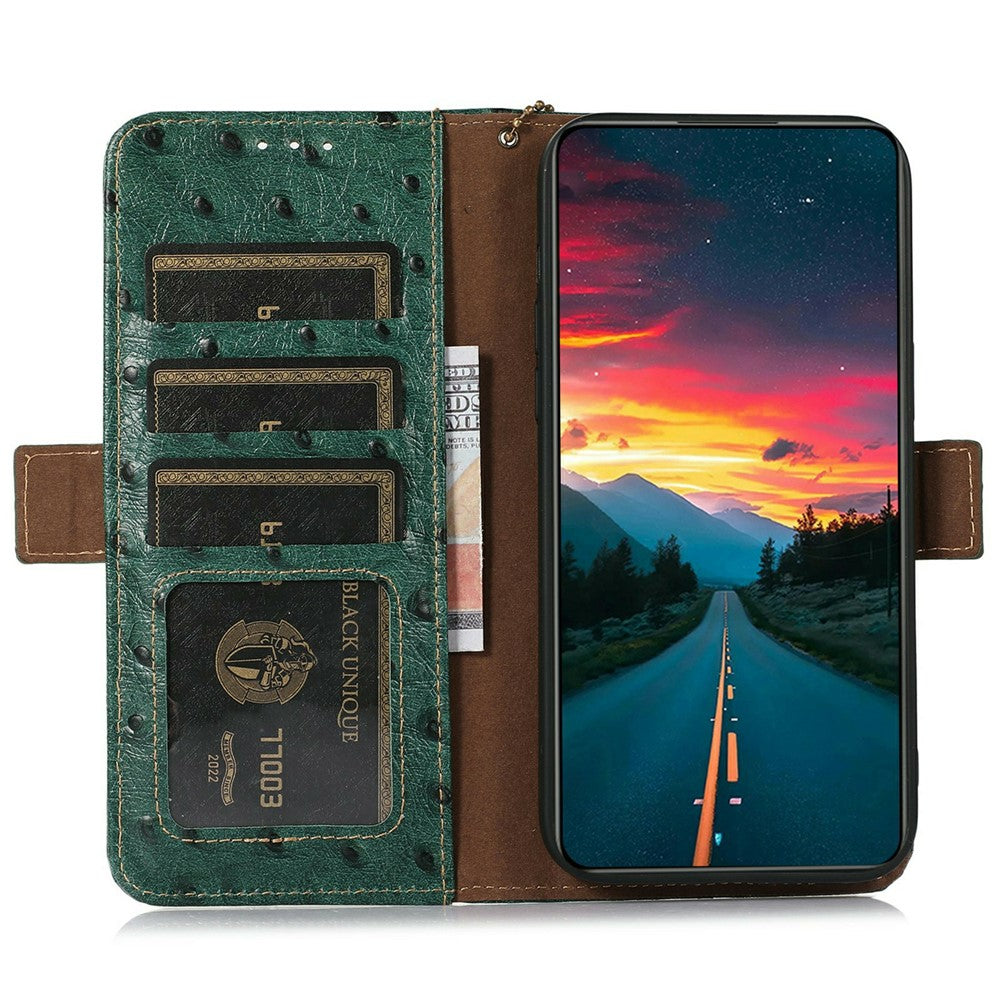 For iPhone 17 Pro Max Case RFID Blocking Genuine Cow Leather Phone Case Ostrich Texture - Green