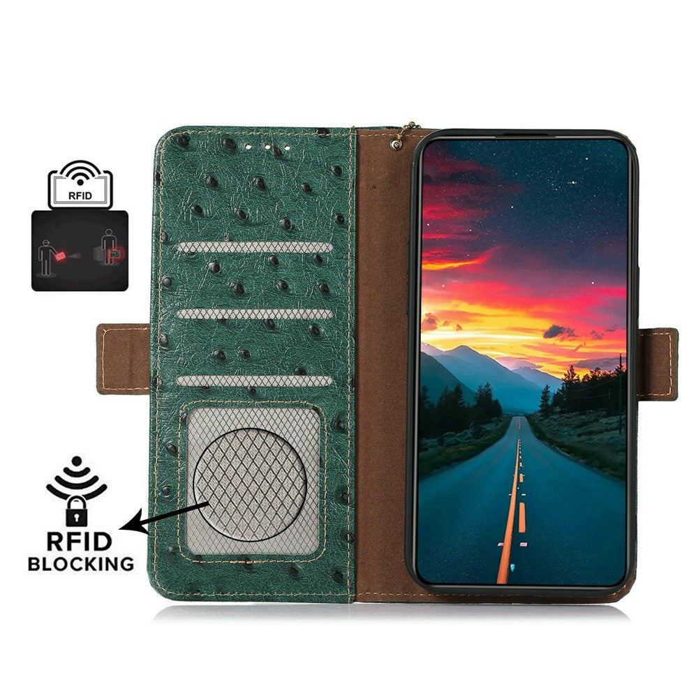 For iPhone 17 Pro Max Case RFID Blocking Genuine Cow Leather Phone Case Ostrich Texture - Green