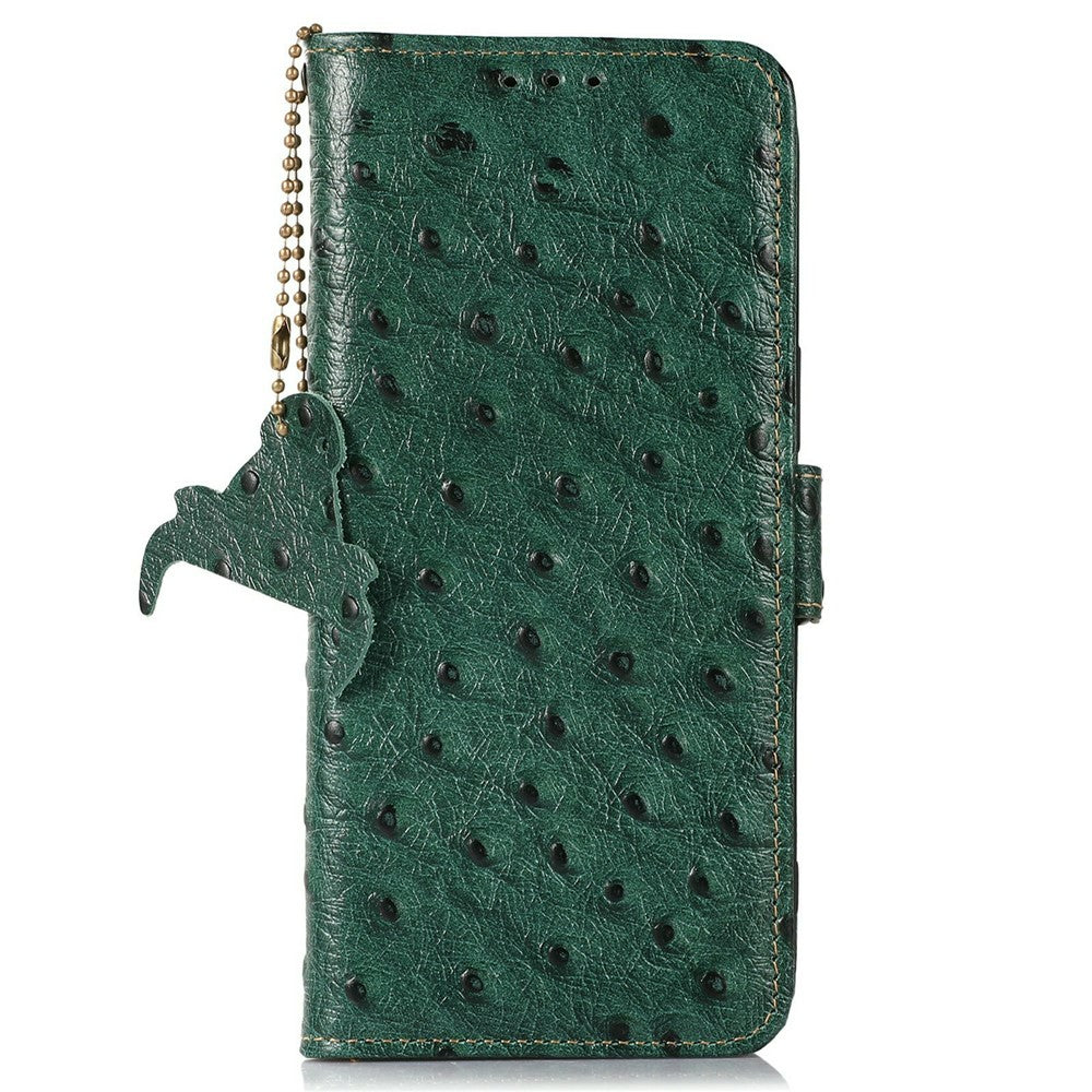 For iPhone 17 Pro Max Case RFID Blocking Genuine Cow Leather Phone Case Ostrich Texture - Green