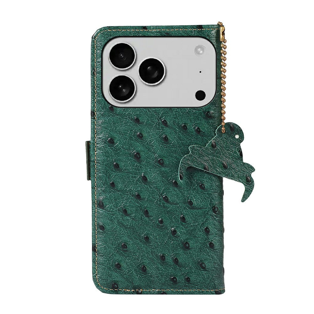 For iPhone 17 Pro Max Case RFID Blocking Genuine Cow Leather Phone Case Ostrich Texture - Green