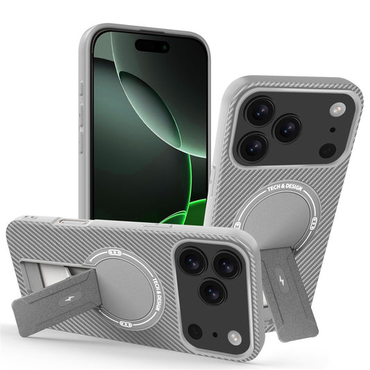 For iPhone 17 Pro Max Case with Kickstand Carbon Fiber Texture PC + TPU Phone Cover - Grey