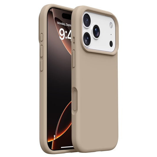 For iPhone 17 Pro Max Case Soft Microfiber Lining Liquid Silicone + PC Phone Cover - Light Coffee