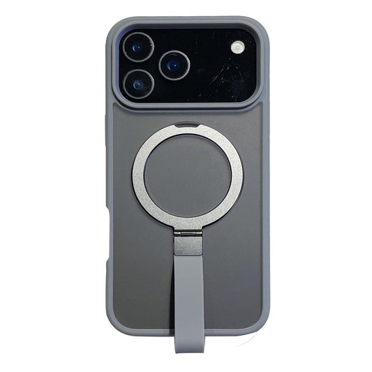 For iPhone 17 Pro Max Case TPU PC Phone Back Cover with Integrated Lanyard Metal Ring Kickstand - Titanium Grey