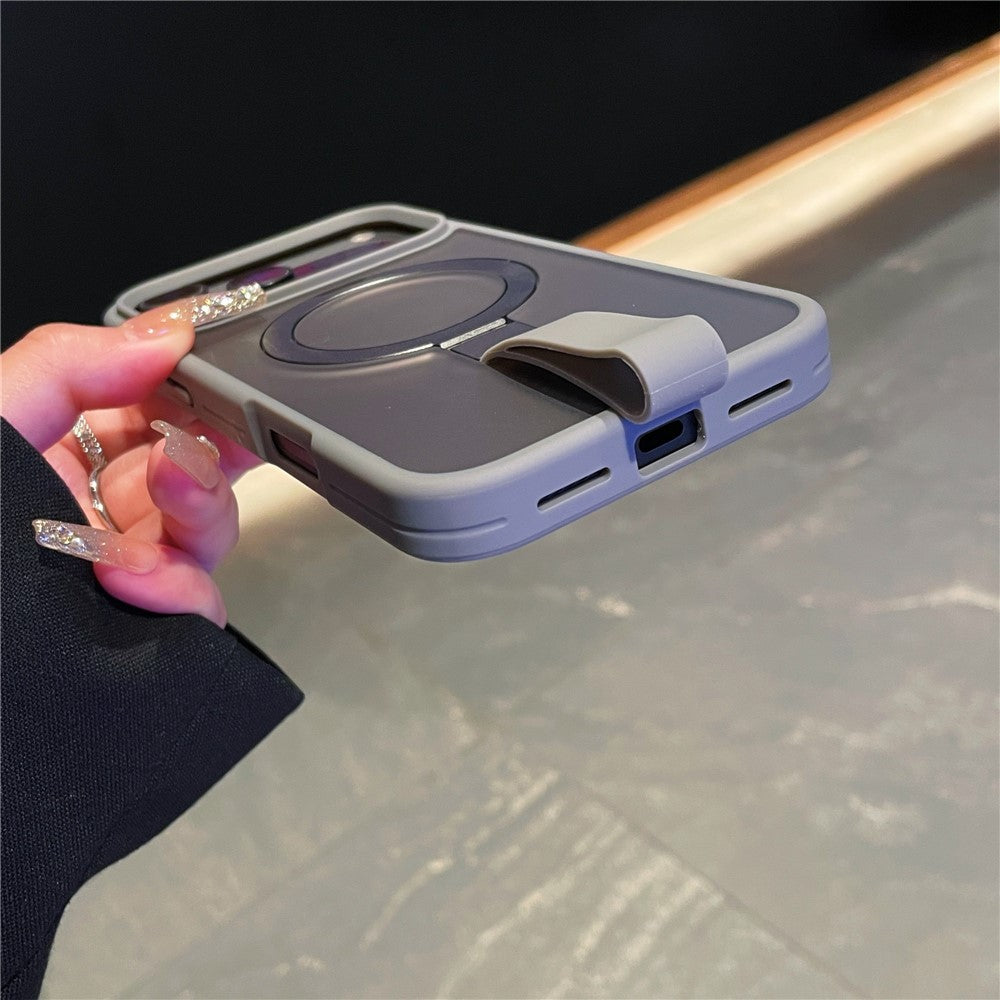 For iPhone 17 Pro Max Case TPU PC Phone Back Cover with Integrated Lanyard Metal Ring Kickstand - Titanium Grey