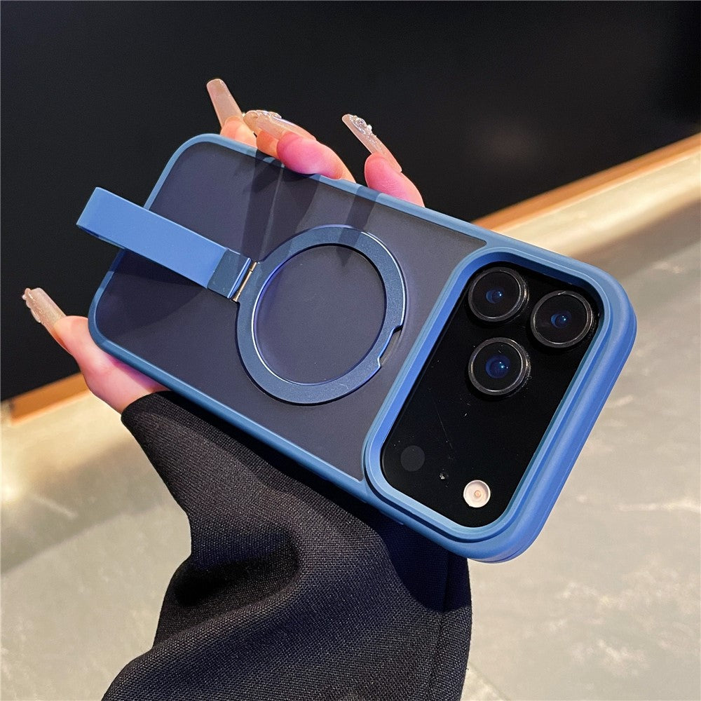 For iPhone 17 Pro Max Case TPU PC Phone Back Cover with Integrated Lanyard Metal Ring Kickstand - Sapphire