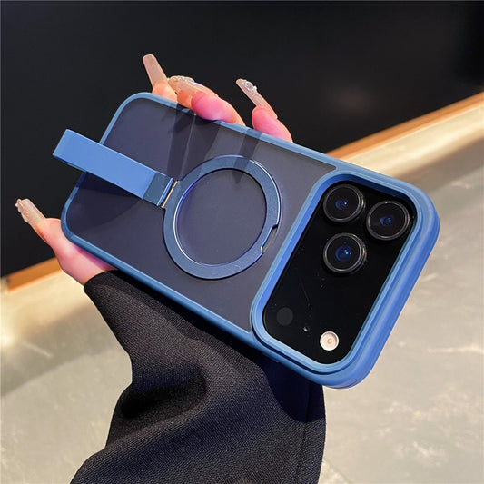 For iPhone 17 Pro Max Case TPU PC Phone Back Cover with Integrated Lanyard Metal Ring Kickstand - Sapphire