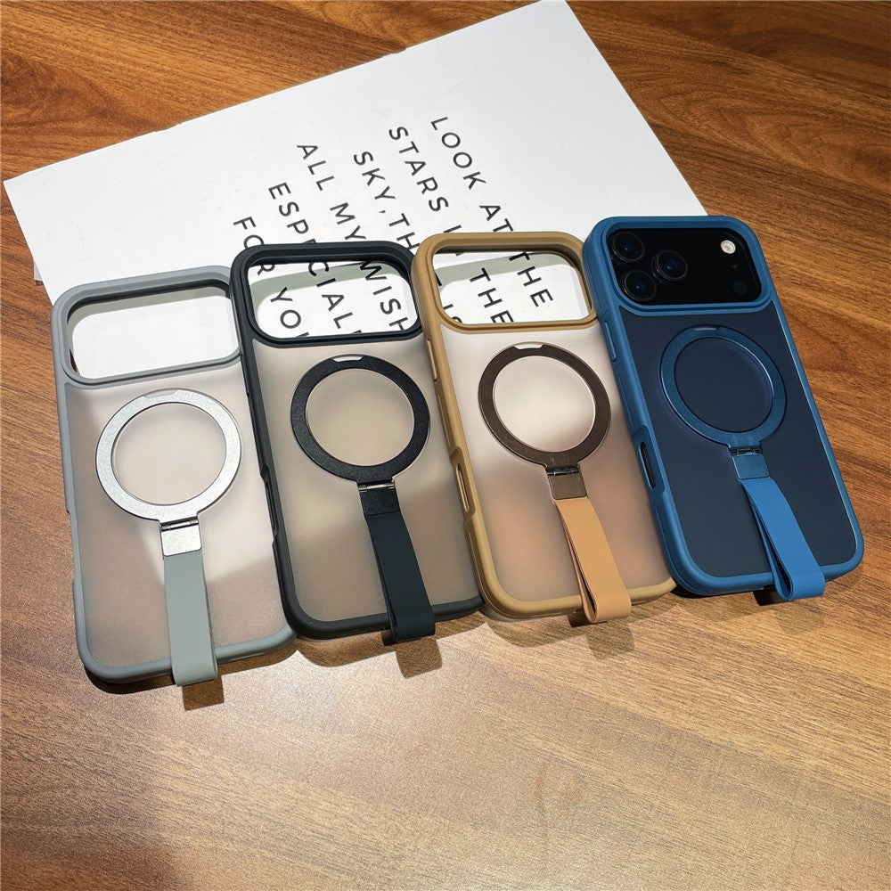 For iPhone 17 Pro Max Case TPU PC Phone Back Cover with Integrated Lanyard Metal Ring Kickstand - Sapphire