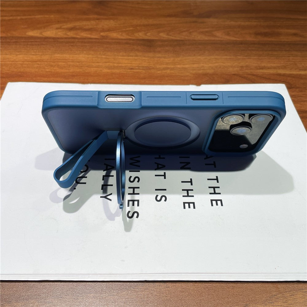 For iPhone 17 Pro Max Case TPU PC Phone Back Cover with Integrated Lanyard Metal Ring Kickstand - Desert Gold