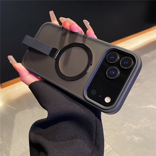 For iPhone 17 Pro Max Case TPU PC Phone Back Cover with Integrated Lanyard Metal Ring Kickstand - Black