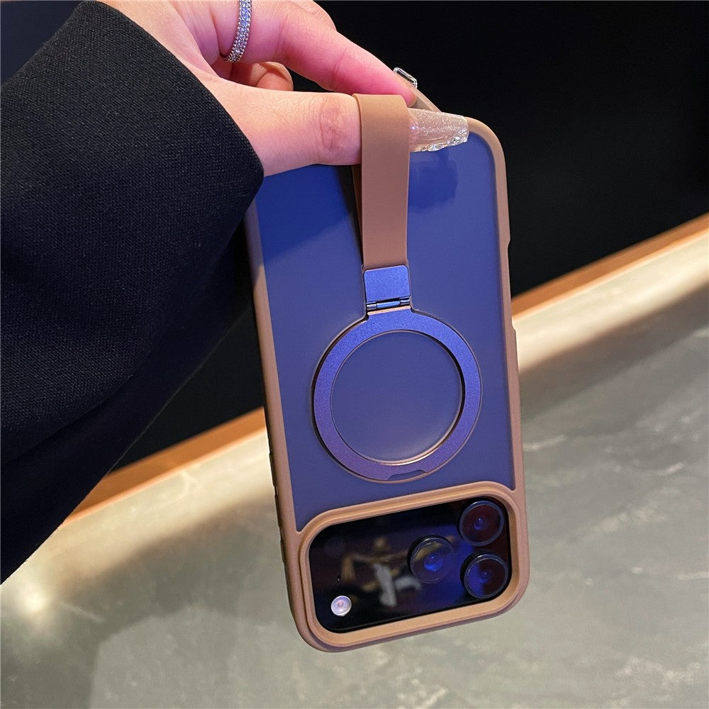 For iPhone 17 Pro Max Case TPU PC Phone Back Cover with Integrated Lanyard Metal Ring Kickstand - Black