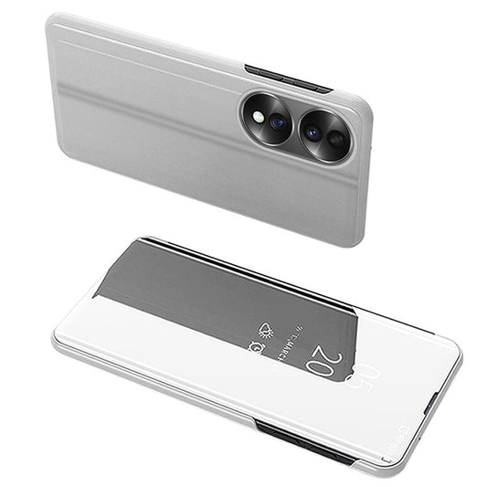 For Honor 70 5G PU Leather Mirror Surface Electroplating Cover View Window Full Body Protective Phone Stand Case - Silver