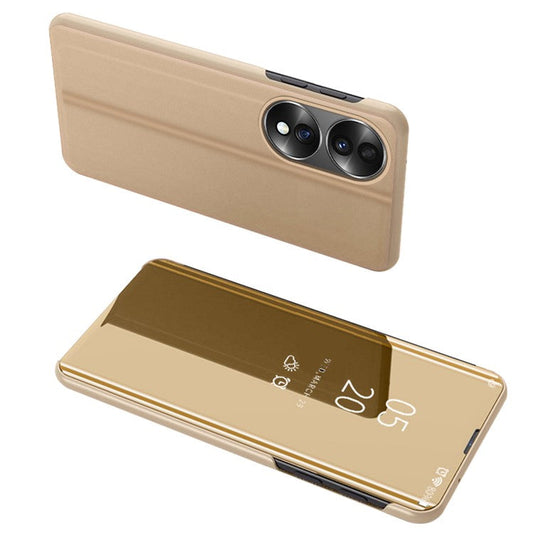 For Honor 70 5G PU Leather Mirror Surface Electroplating Cover View Window Full Body Protective Phone Stand Case - Gold