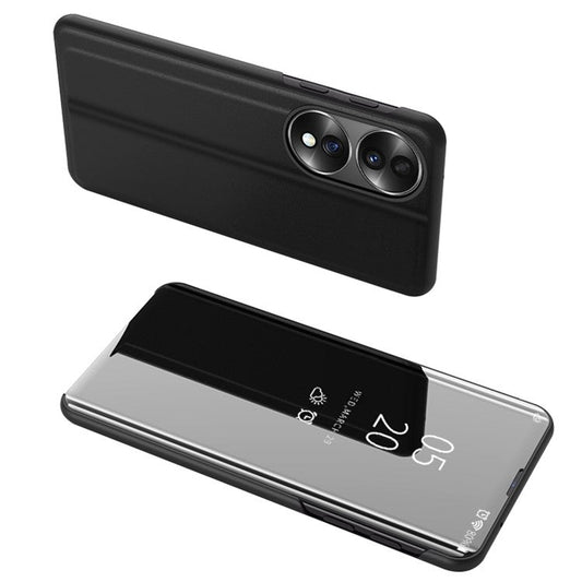 For Honor 70 5G PU Leather Mirror Surface Electroplating Cover View Window Full Body Protective Phone Stand Case - Black