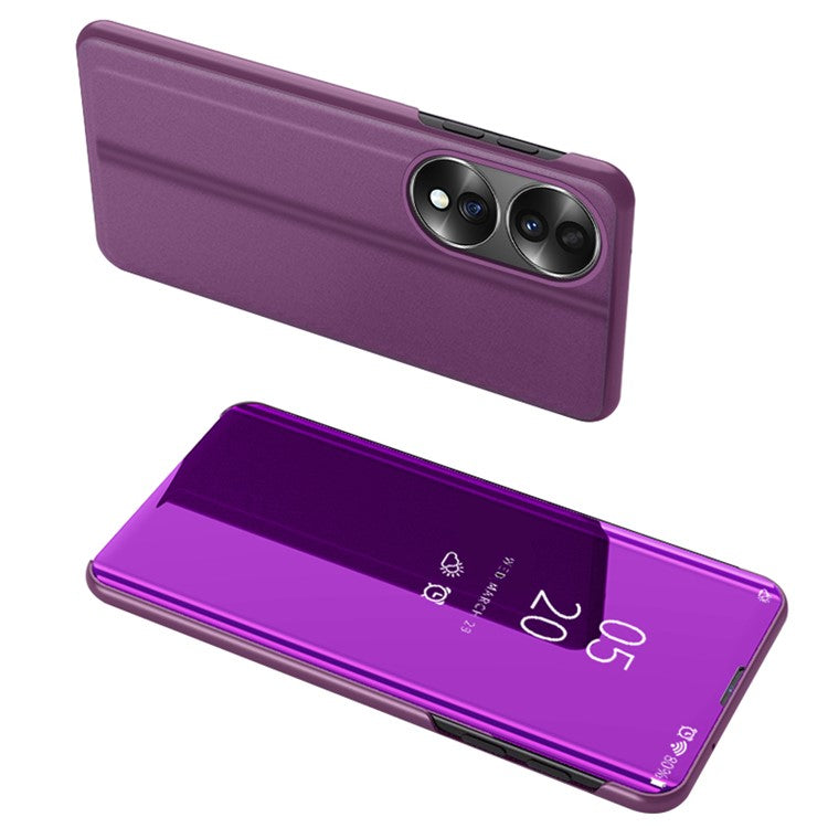 For Honor 70 5G PU Leather Mirror Surface Electroplating Cover View Window Full Body Protective Phone Stand Case - Purple