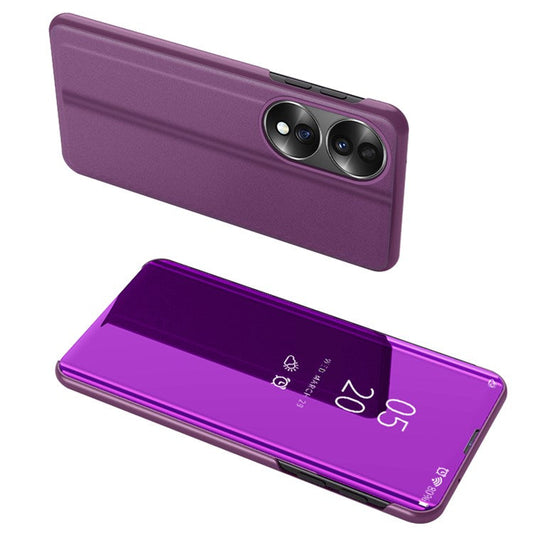 For Honor 70 5G PU Leather Mirror Surface Electroplating Cover View Window Full Body Protective Phone Stand Case - Purple