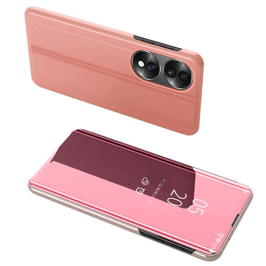 For Honor 70 5G PU Leather Mirror Surface Electroplating Cover View Window Full Body Protective Phone Stand Case - Rose Gold