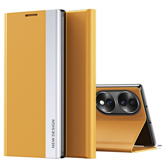 For Honor 70 5G Electroplating PU Leather Flip Stand Cover Auto Adsorption Phone Drop-proof Case - Yellow