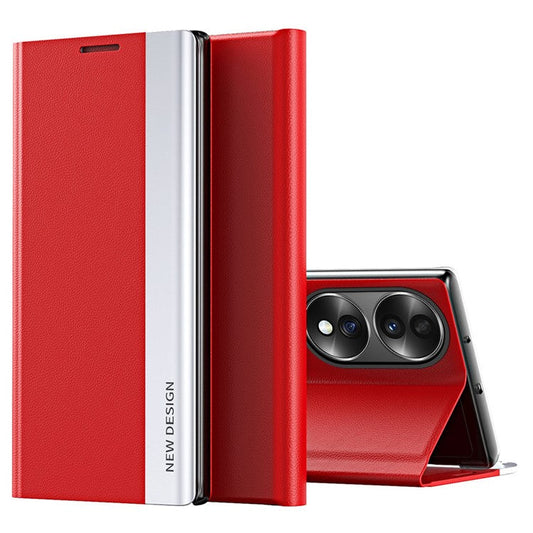 For Honor 70 5G Electroplating PU Leather Flip Stand Cover Auto Adsorption Phone Drop-proof Case - Red