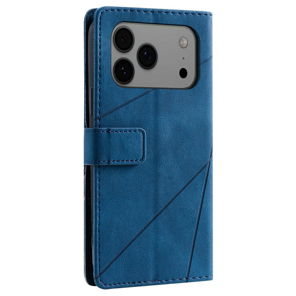 For iPhone 17 Pro Max Case Imprinted Lines PU Leather Splicing Wallet Phone Cover - Blue