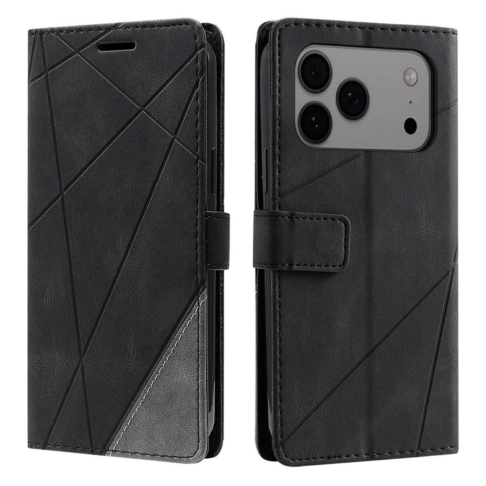 For iPhone 17 Pro Max Case Imprinted Lines PU Leather Splicing Wallet Phone Cover - Black