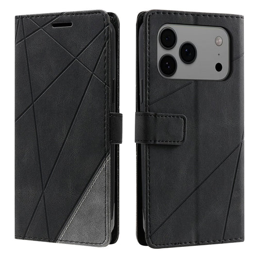 For iPhone 17 Pro Max Case Imprinted Lines PU Leather Splicing Wallet Phone Cover - Black
