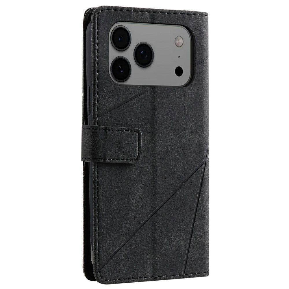 For iPhone 17 Pro Max Case Imprinted Lines PU Leather Splicing Wallet Phone Cover - Black