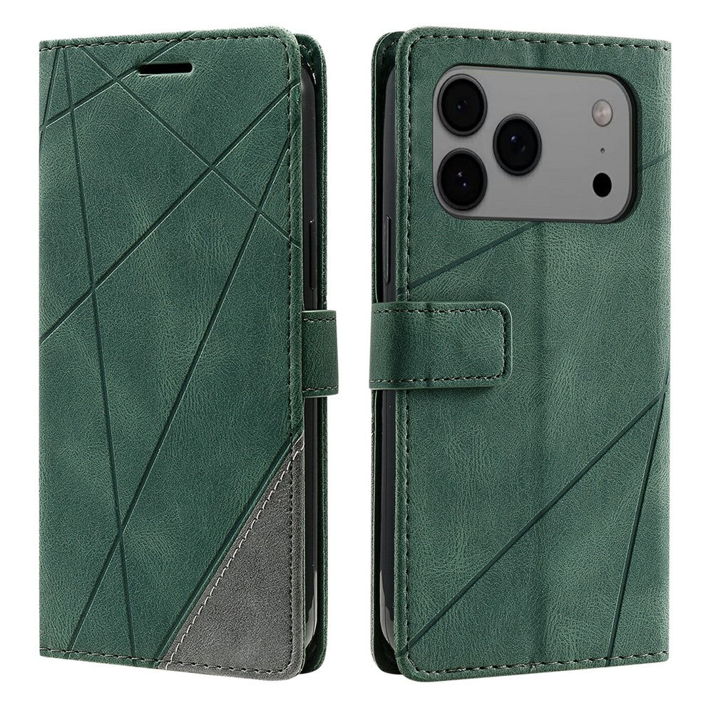 For iPhone 17 Pro Max Case Imprinted Lines PU Leather Splicing Wallet Phone Cover - Green